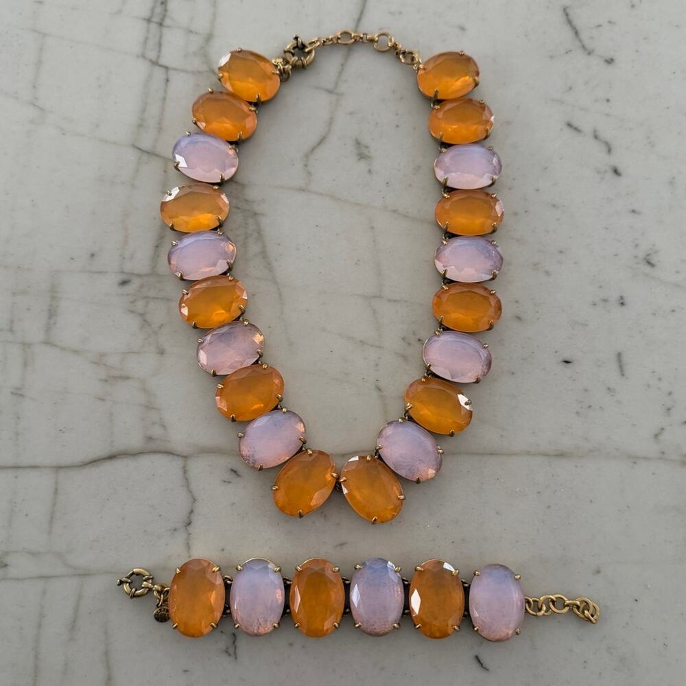 J.Crew Statement Necklace & Bracelet Set Amber Faceted Stone Vintage Maximalist